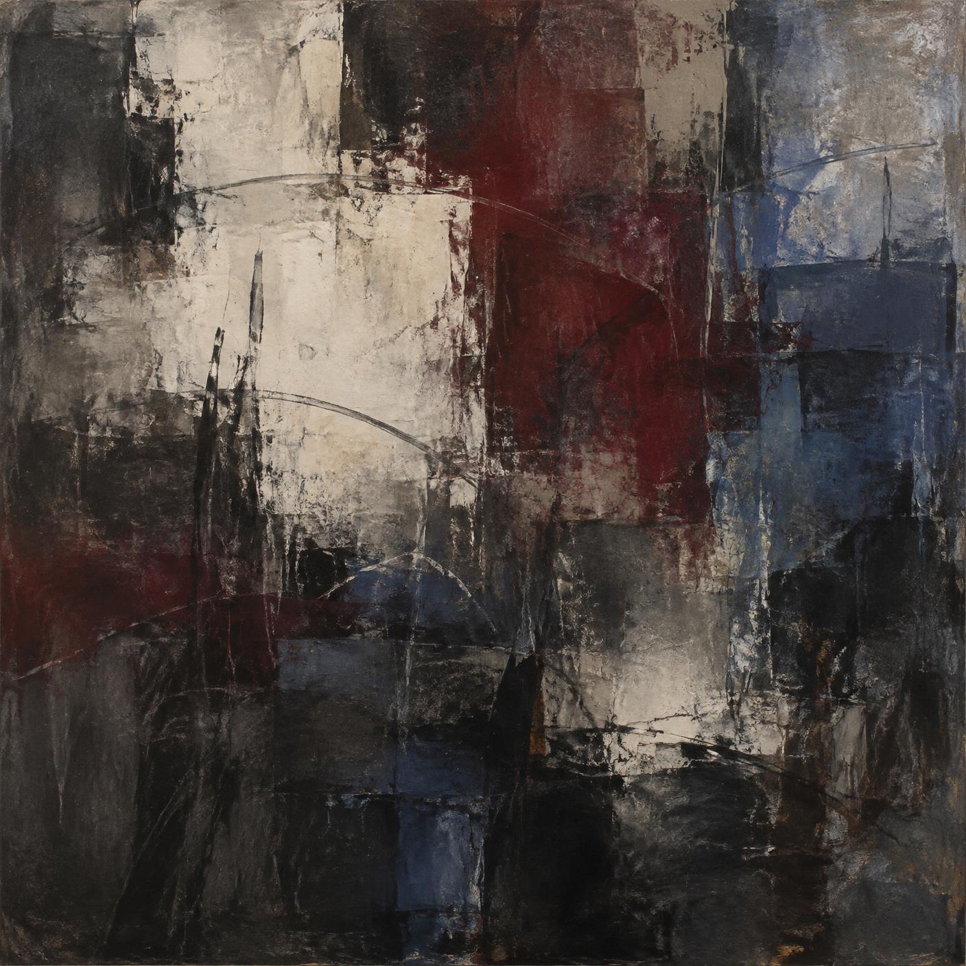 Temporary dark abstract artwork placeholder with burgundy and blue passages