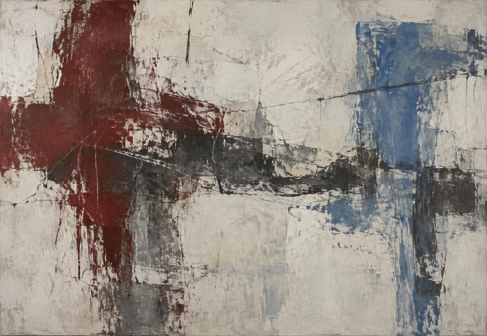 Temporary pale abstract artwork placeholder with oxblood and muted blue gestures